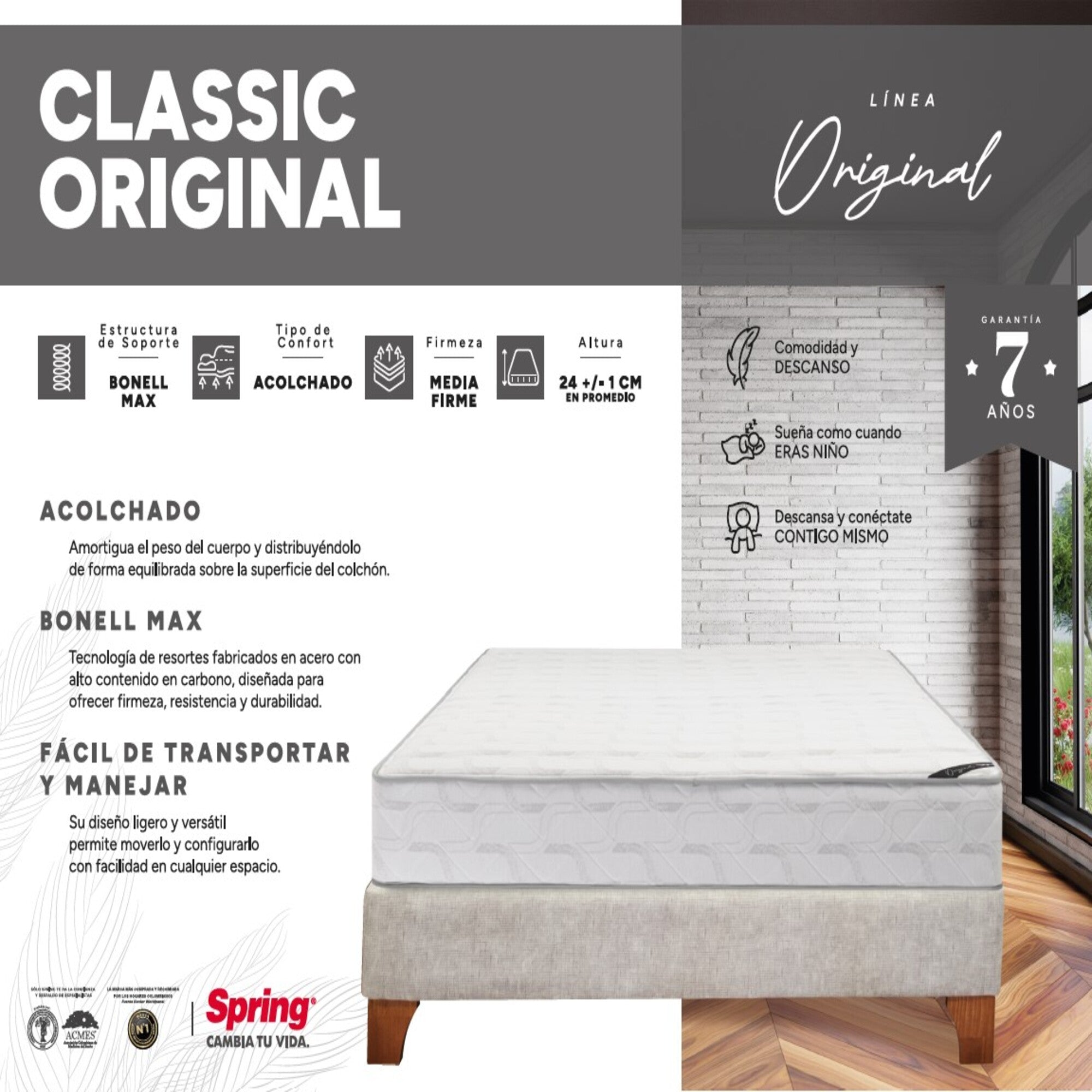 Combo Colchón Spring Classic Original Semidoble 120X190 Cm + Base Cama Gris + Cabecero Gris + Almohada Siliconada + Protector Impermeable