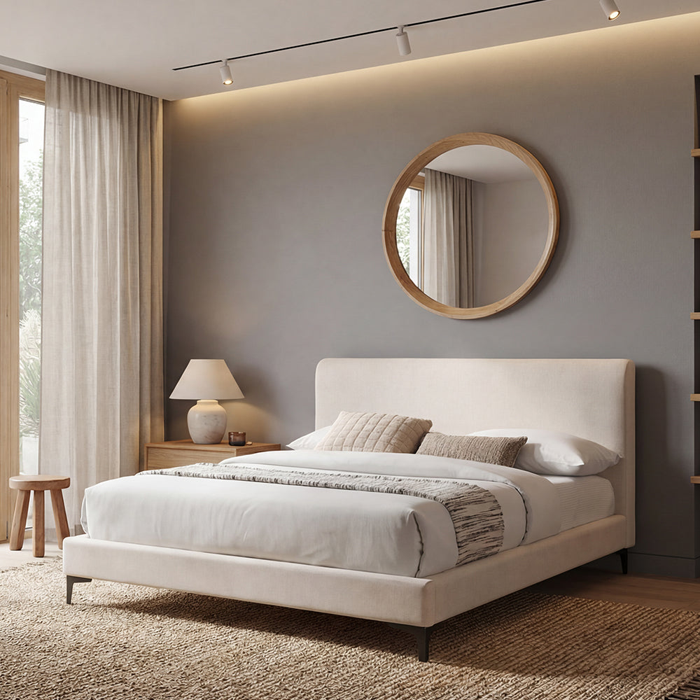 Cama Doble Prisma, Blanco, Madera roble tapizada