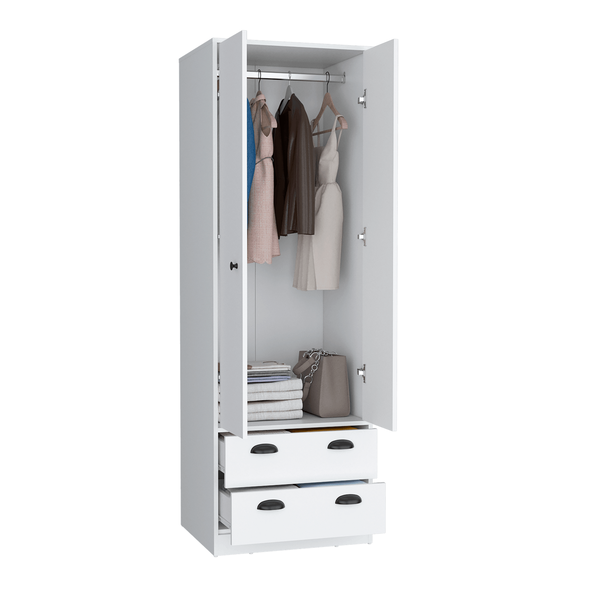 Closet Agata, Blanco Marqueza, con dos cajones y tubo cromado ZF - VIRTUAL MUEBLES