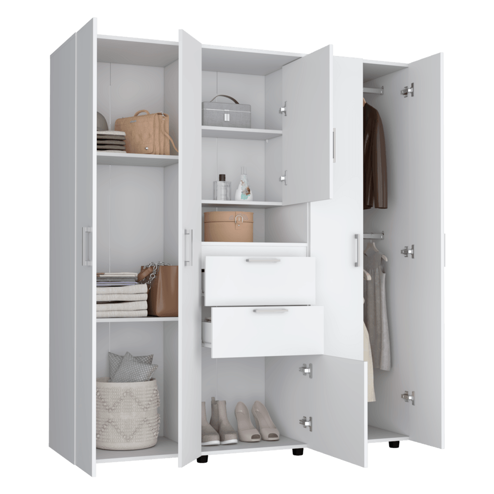 Closet Camelia, Blanco, con Dos Cajones, Seis Puertas y Tubos Metalico