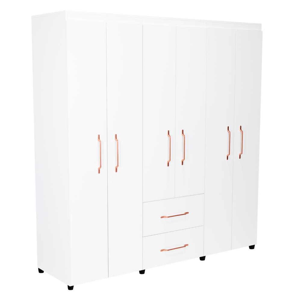 Closet Golden, Blanco y Oro Rosa, Variedad de Entrepaños y Seis Puertas Abatibles