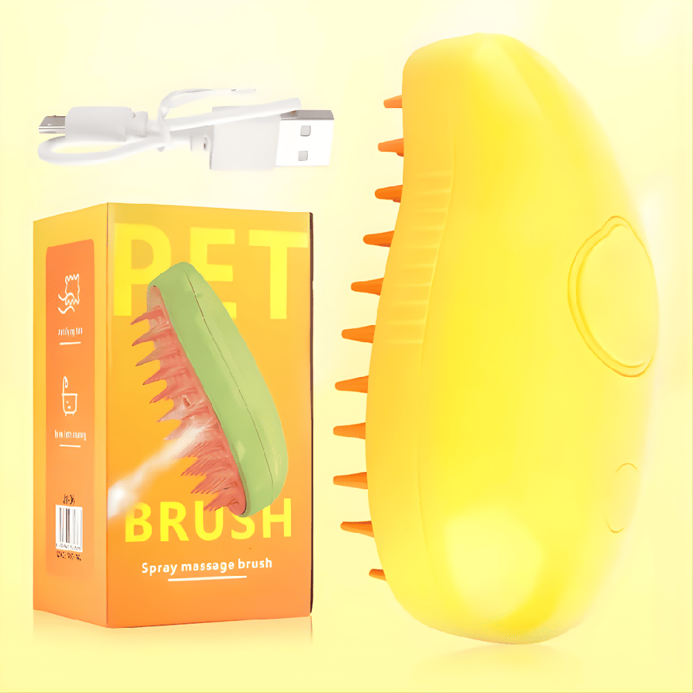 Cepillo Vaporizador Para Perros Y Gatos 3 En 1 Con Pulverizador De Agua Y Vapor (Amarillo)