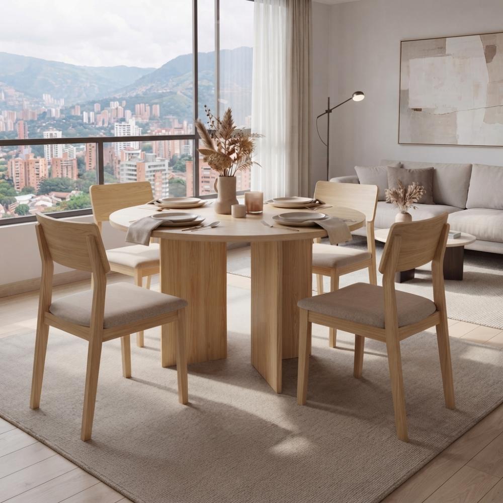 Mesa para Comedor Ted Circular, Fresno Europeo, con Puestos para 4 personas, No Incluye Sillas ZF