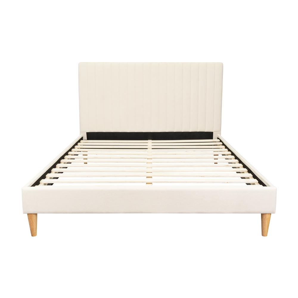 Cama Doble Tania, Gris Crema, madera roble tapizada