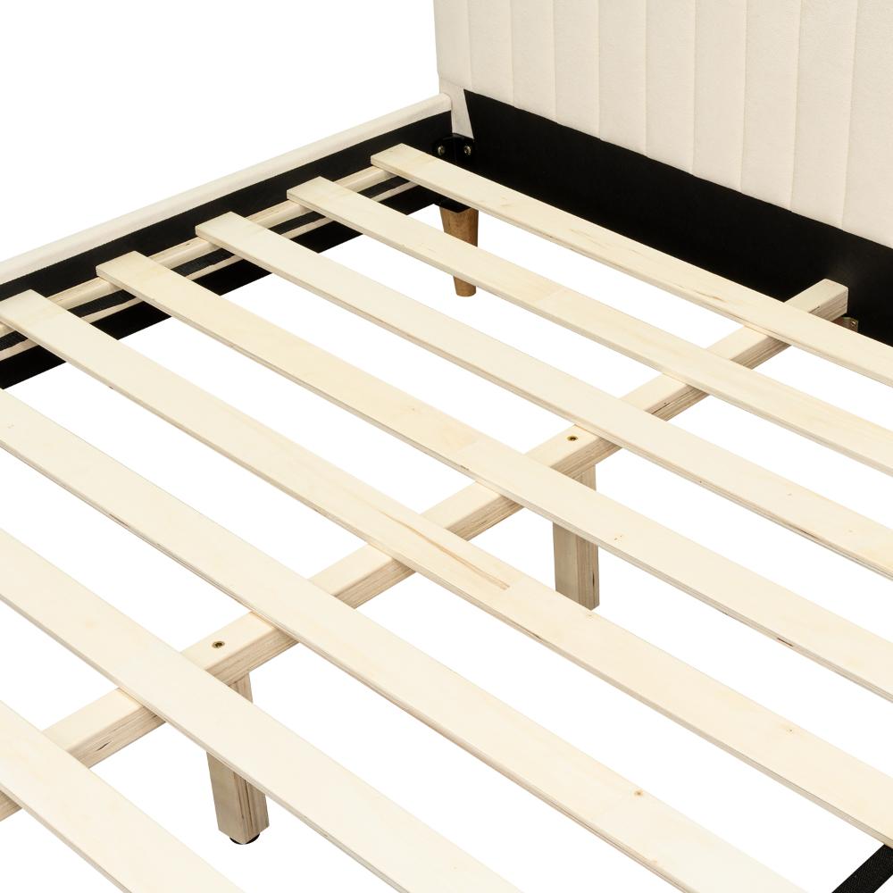 Cama Doble Tania, Gris Crema, madera roble tapizada