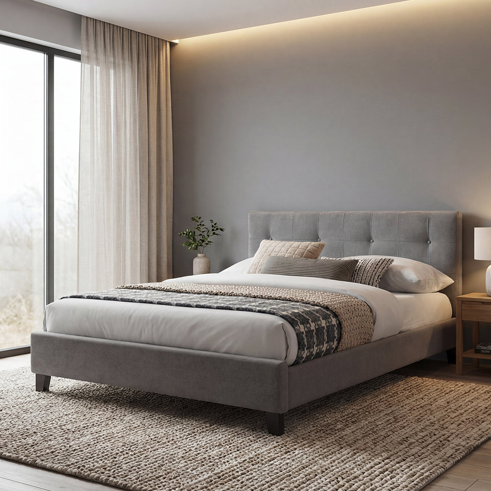 Cama Doble Imperial, Gris, Madera roble tapizada