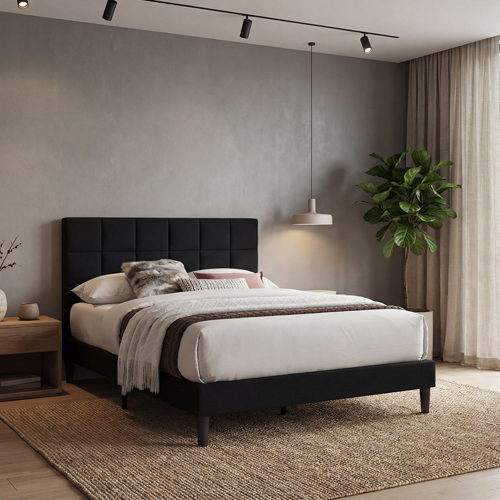 Cama Doble Vertex, Negro, Madera roble tapizada