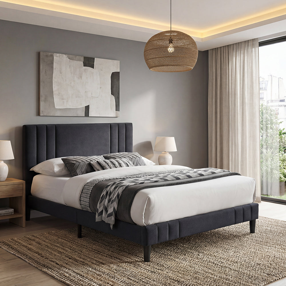 Cama Doble Majestic, Negro, Madera roble tapizada