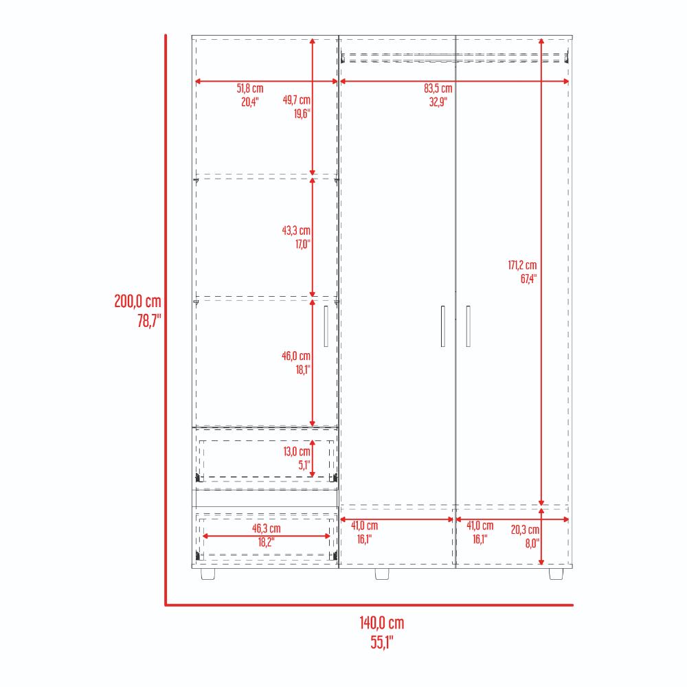 Closet Light 140, Fresno Europeo y Wengue, con tres puertas abatibles