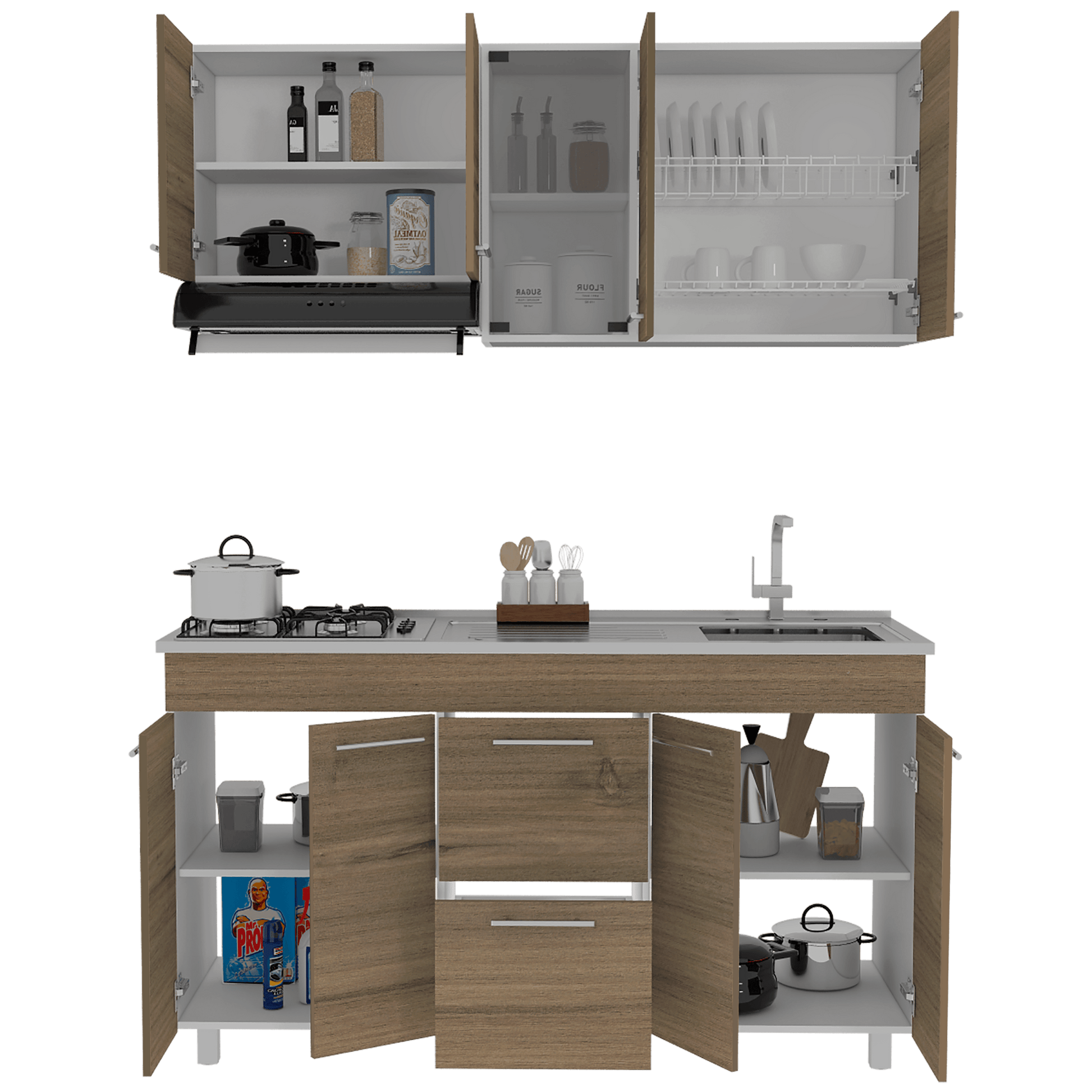 Mueble Multiusos Prada, Moca y Blanco, Incluye Mesón Derecho - VIRTUAL MUEBLES