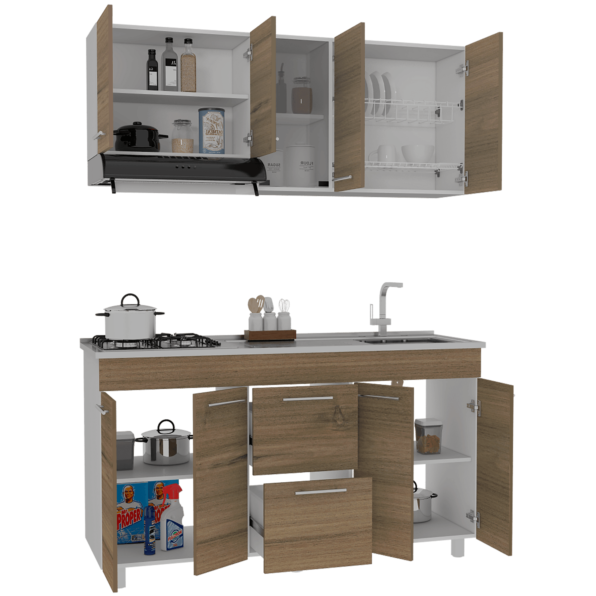 Mueble Multiusos Prada, Moca y Blanco, Incluye Mesón Derecho - VIRTUAL MUEBLES