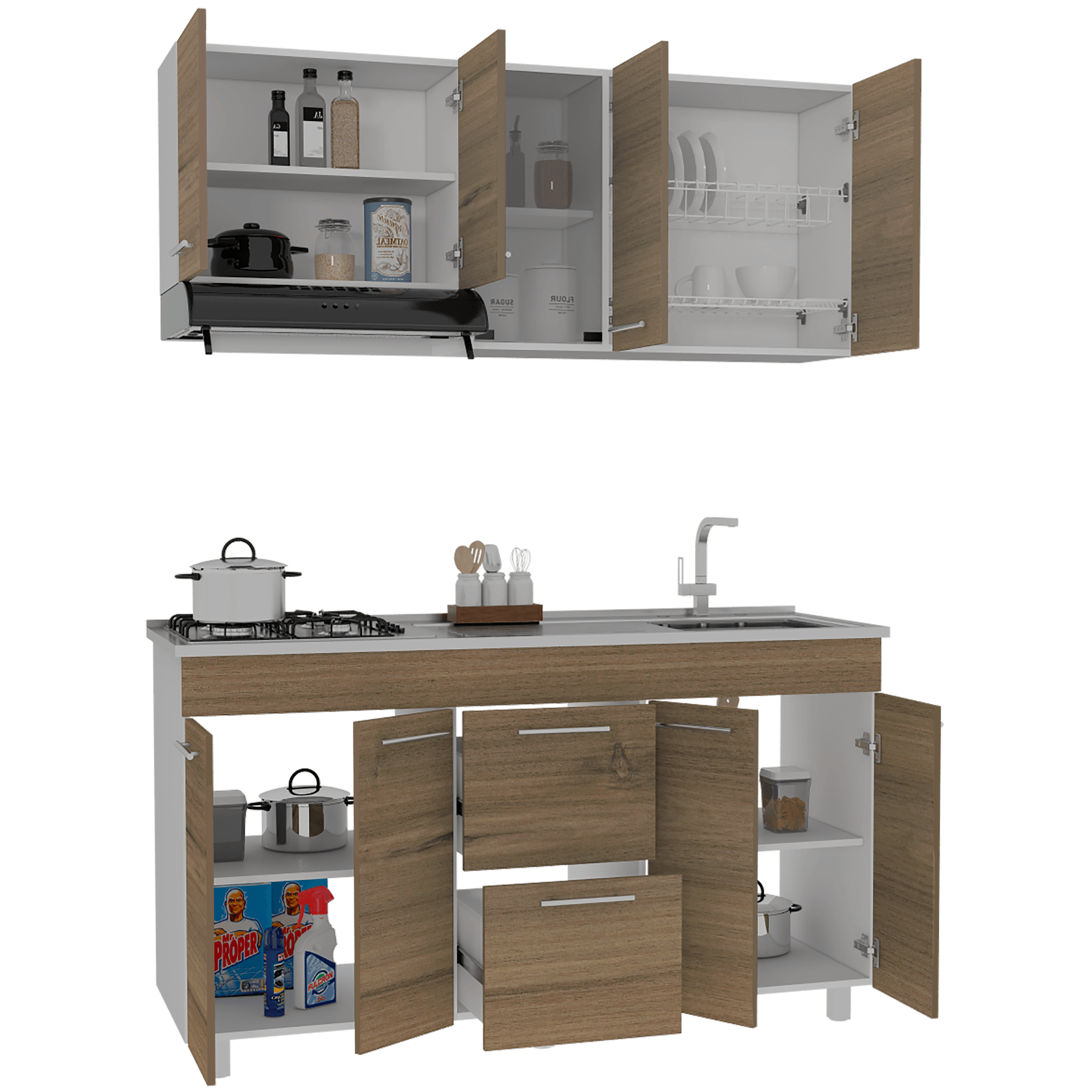 Mueble Multiusos Prada, Moca y Blanco, Incluye Mesón Derecho - VIRTUAL MUEBLES