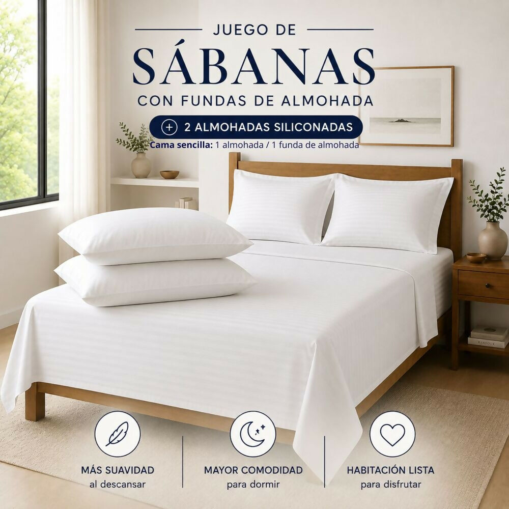 Combo Juego de sábanas + 2 almohadas siliconadas doble blanco