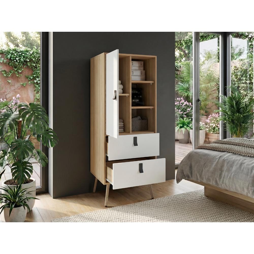 Organizador Huna, Blanco y Fresno Europeo, con dos cajones diseño moderno
