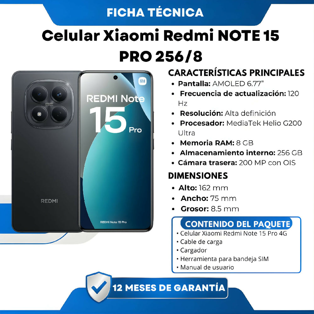 Celular Xiaomi Redmi NOTE 15 PRO 256/8 Pantalla AMOLED Negro