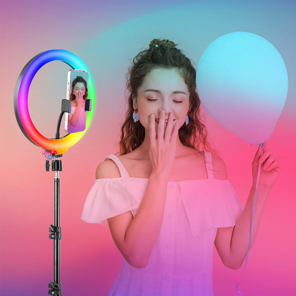 Aro de Luz LED RGB 26cm Trípode 2.1mts Fotografías Selfie