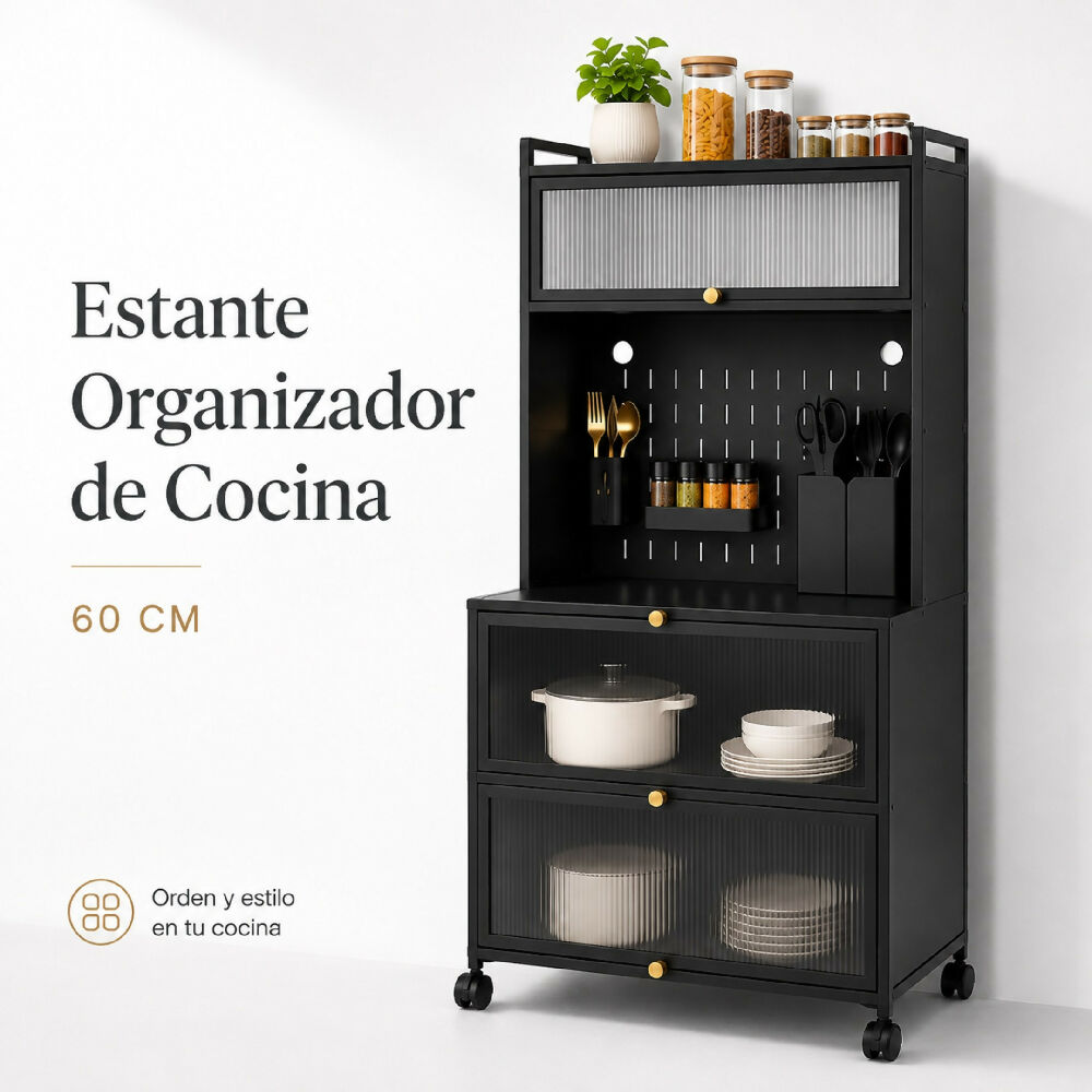 Estante Organizador De 60 CM Cocina Rodante Con Gabinetes Y Soportes