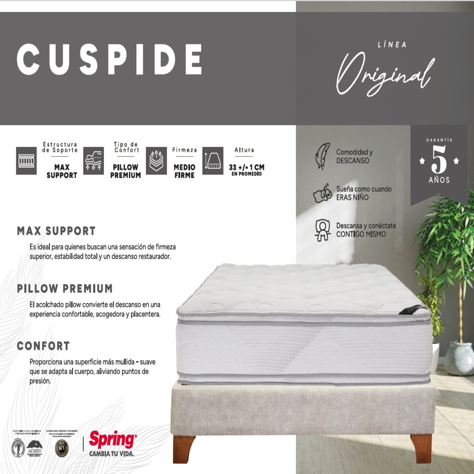 Combo Colchón Spring  Cuspide-King 200X200 Cm +  Set Almohada Siliconada