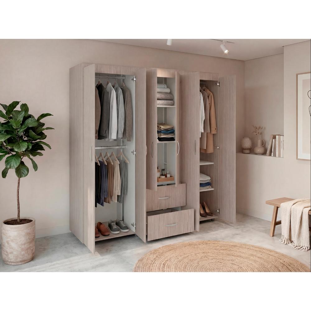 Closet Bariloche Bombay, Positano y Blanco Vainilla, Variedad de Entrepaños y Seis Puertas Abatibles