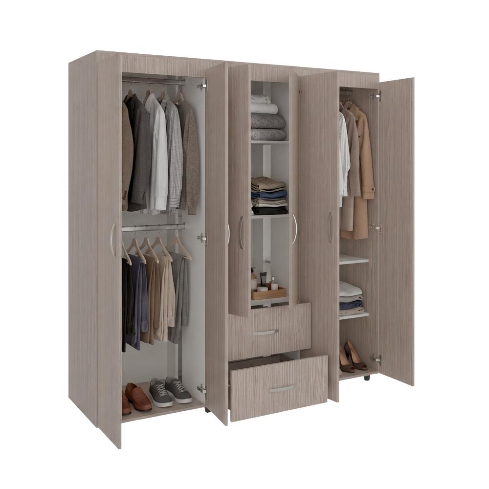 Closet Bariloche Bombay, Positano y Blanco Vainilla, Variedad de Entrepaños y Seis Puertas Abatibles