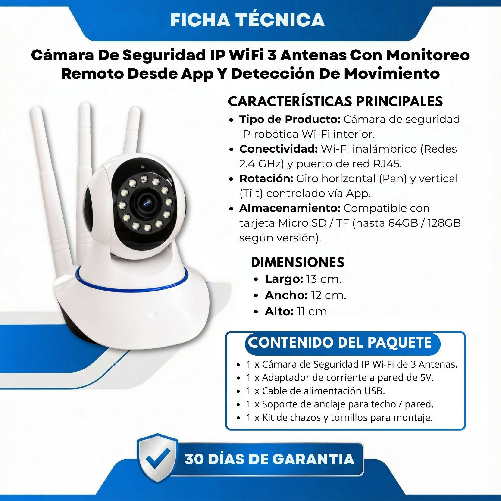 Cámara De Seguridad IP WiFi 3 Antenas Con Monitoreo Remoto Desde App Y Detección De Movimiento