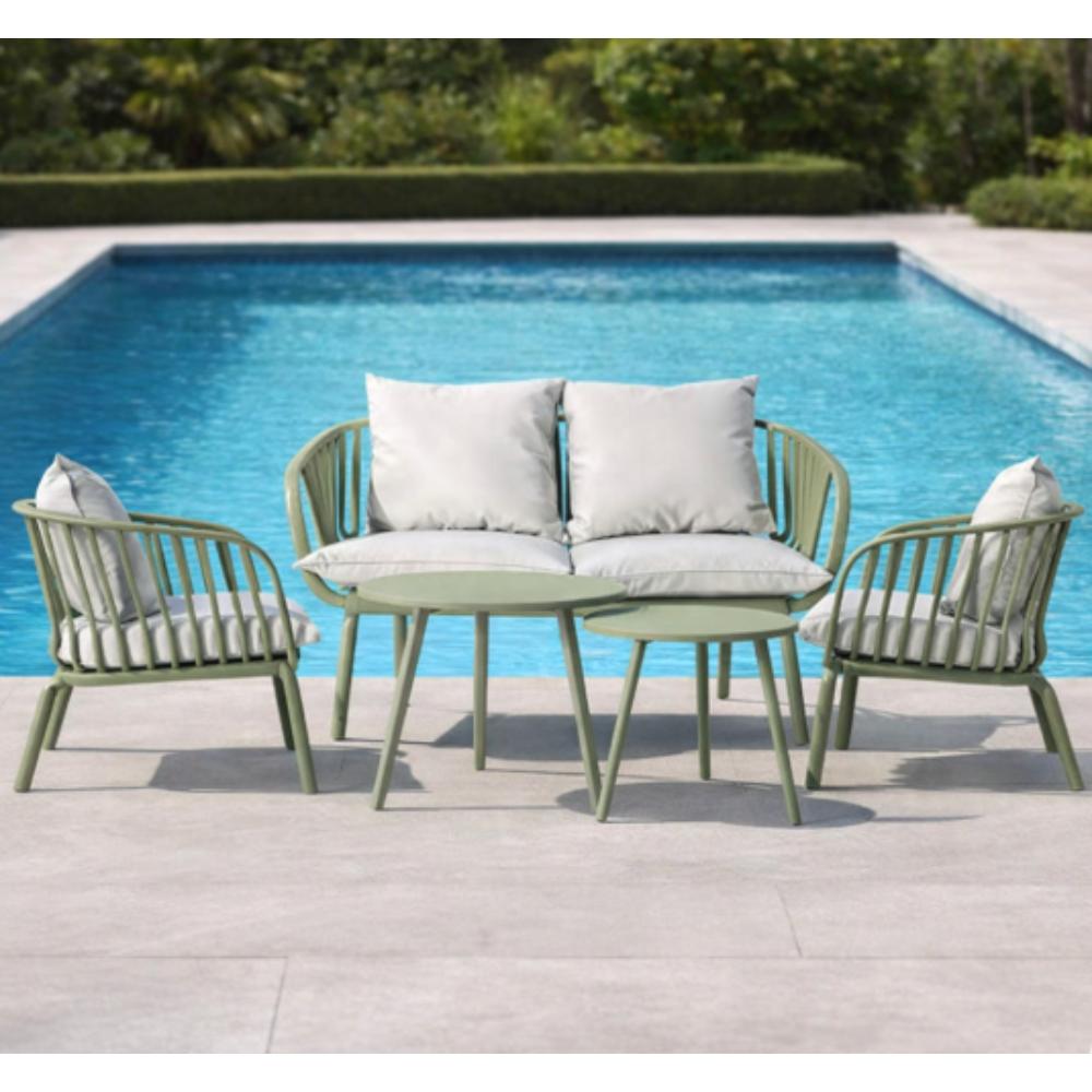 Sala de Exterior Sorrento, Verde Olivo, Con Cojines Beige, 4 Piezas