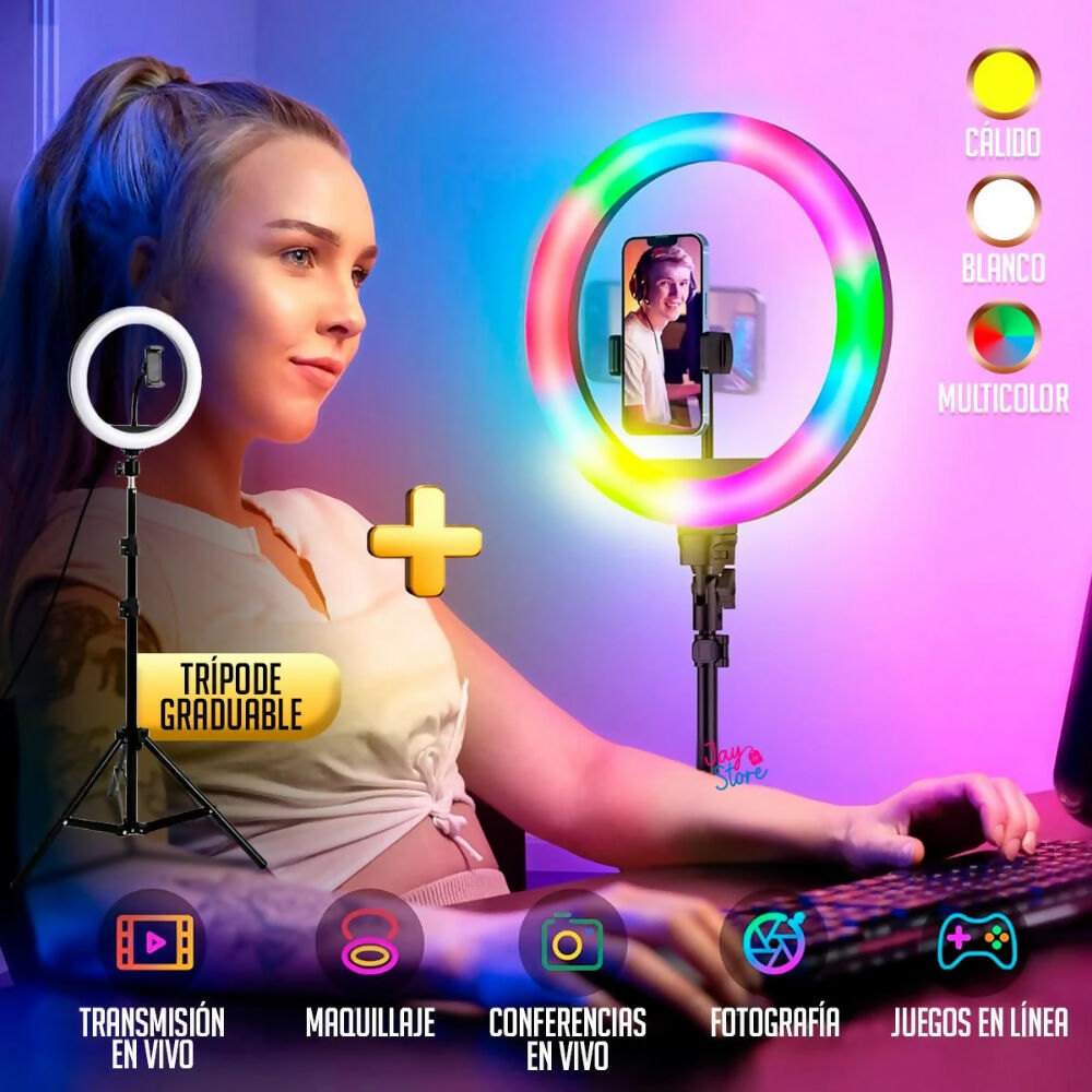 Aro de Luz LED RGB 26cm Trípode 2.1mts Fotografías Selfie