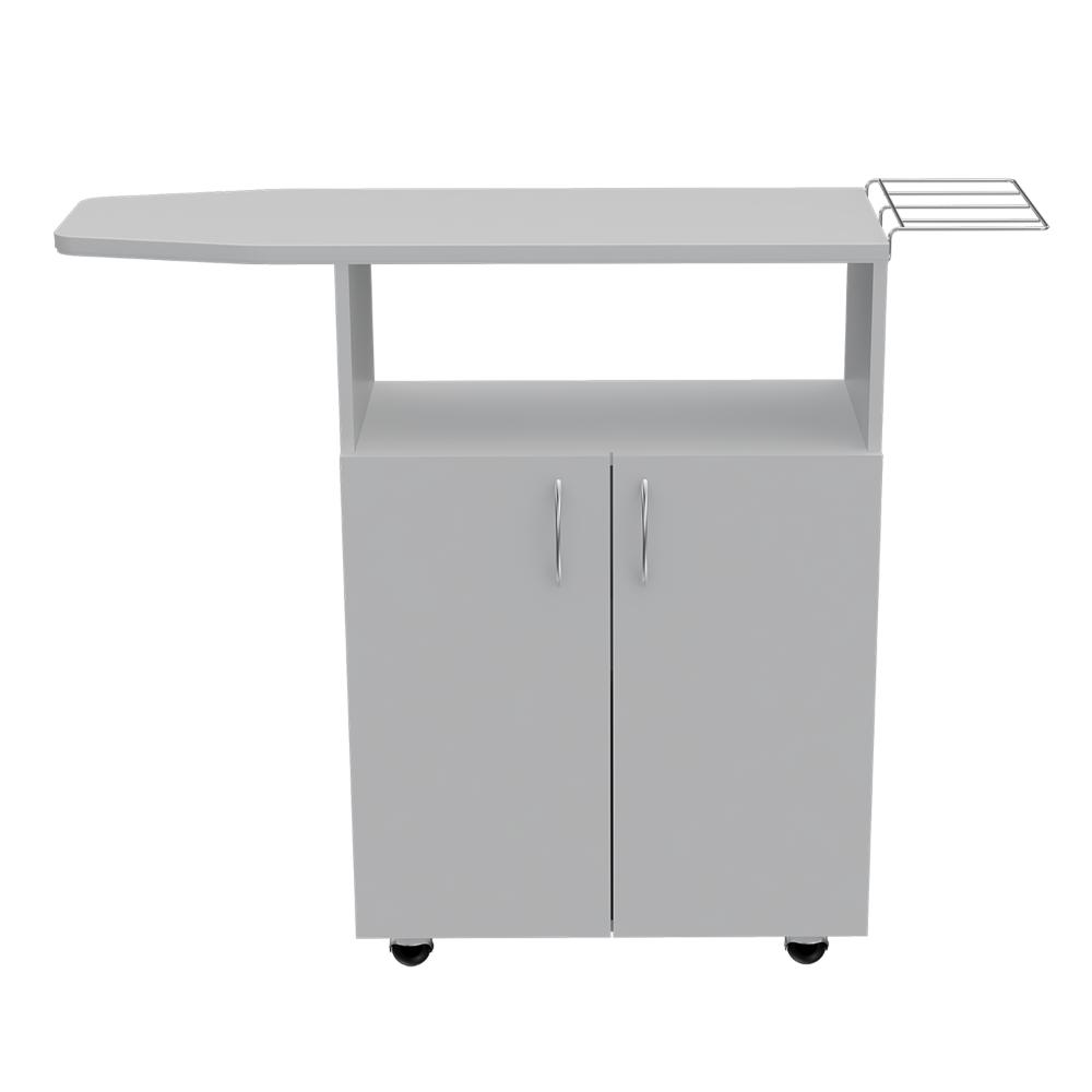 Mesa Para Planchar Zendaya, Blanco Duqueza, con compartimientos para almacenar elementos de aseo ZF