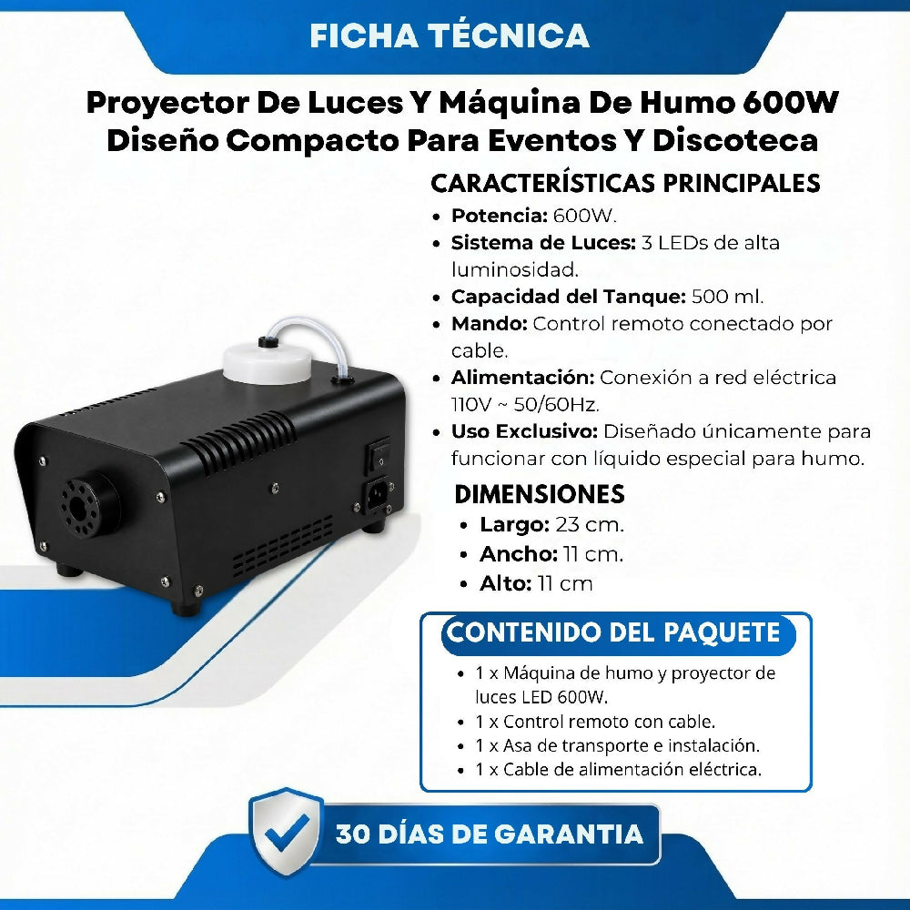 Proyector De Luces Y Máquina De Humo 600W Diseño Compacto Para Eventos Y Discoteca