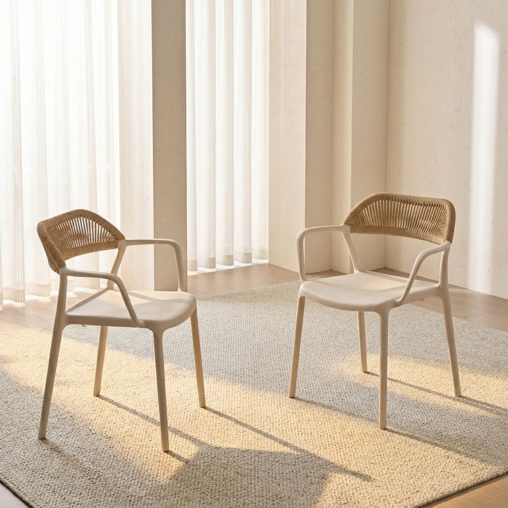 Set de 2 Sillas con Brazos Bombay, Taupe Claro y Beige, con Espaldar en Cuerdas y Diseño Moderno