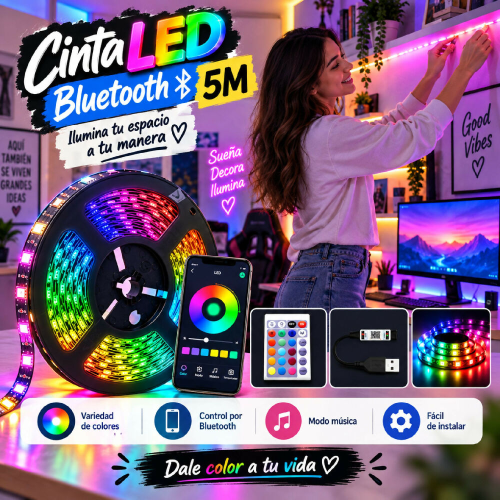 Cinta LED De 5 Metros Iluminación Ambiental Flexible Y De Bajo Consumo
