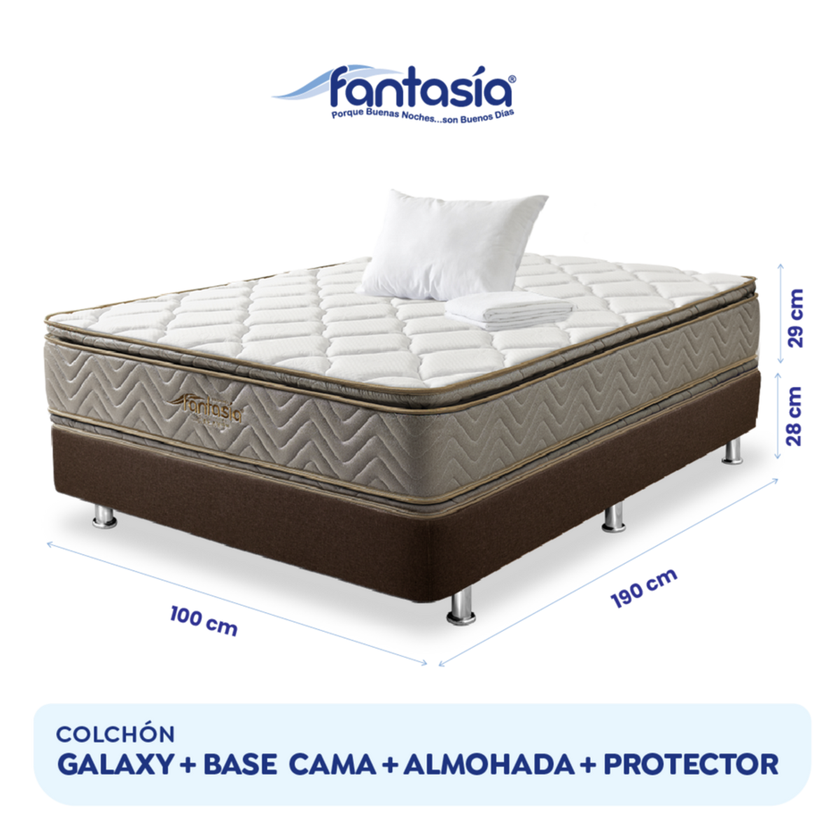 Combo Colchón Fantasia Galaxy 100X190 Cm + Base Cama Lino Café + Almohada + Protector Damasco  Marca Fantasía