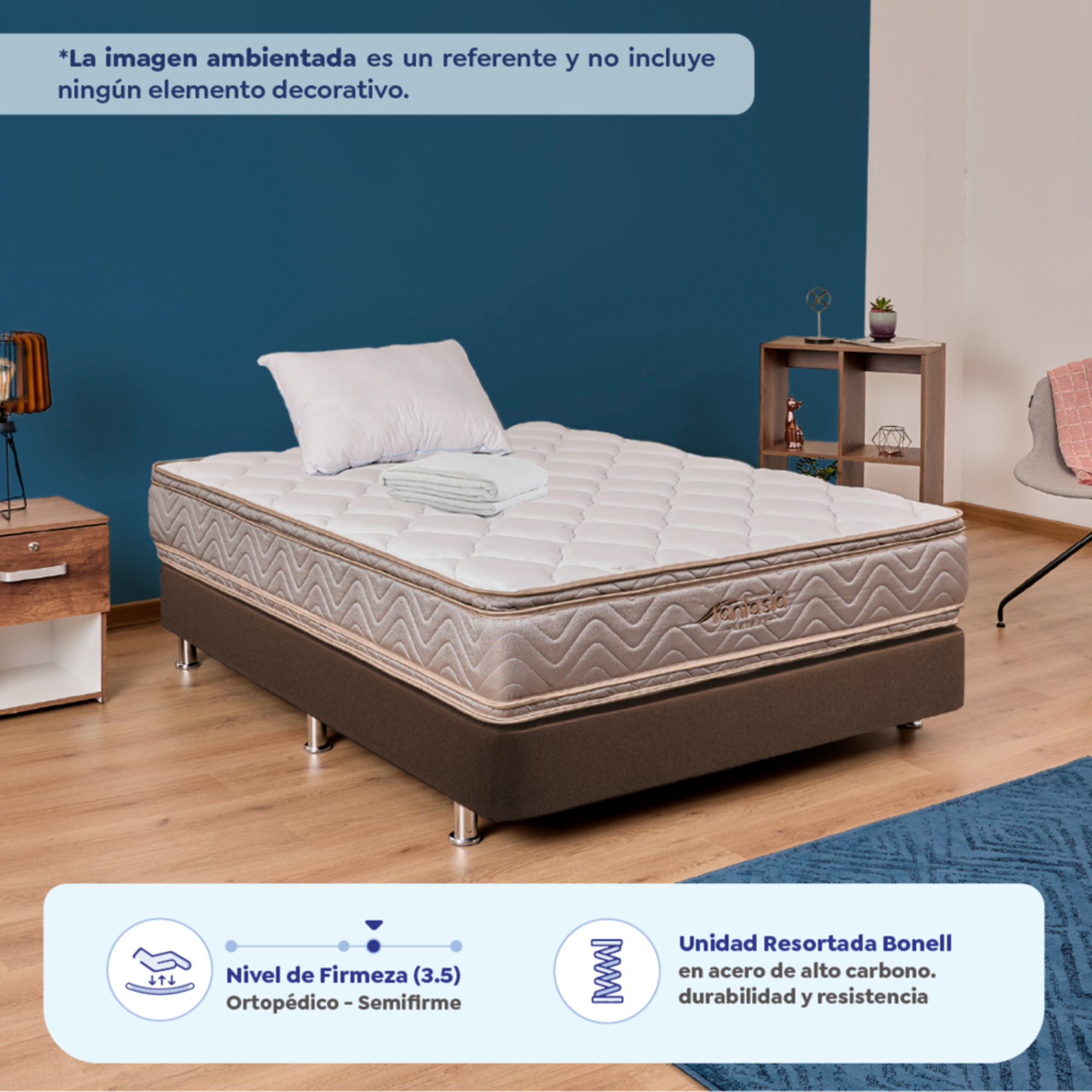 Combo Colchón Fantasia Galaxy 100X190 Cm + Base Cama Lino Café + Almohada + Protector Damasco  Marca Fantasía