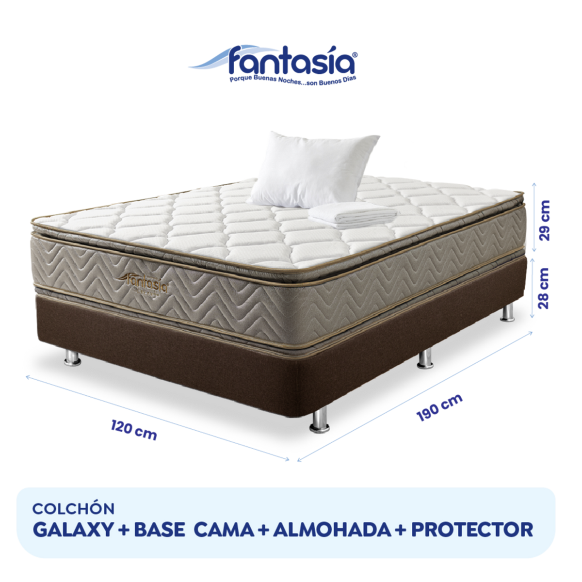 Combo Colchón Fantasia Galaxy 120X190 Cm + Base Cama Lino Café + Almohada + Protector Damasco  Marca Fantasía