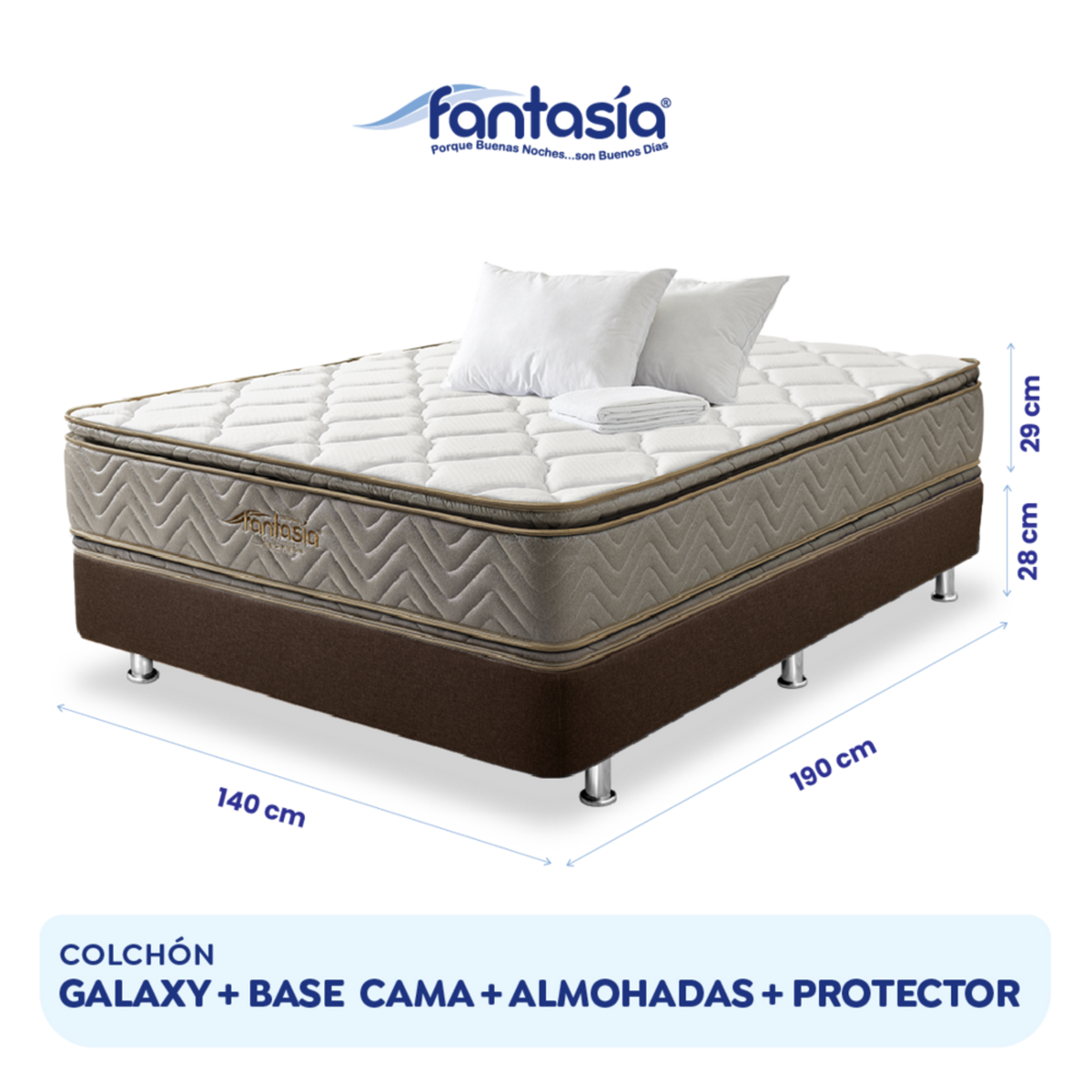 Combo Colchón Fantasia Galaxy 140X190Cm + Base Cama Lino Café + Almohada + Protector Damasco  Marca Fantasía