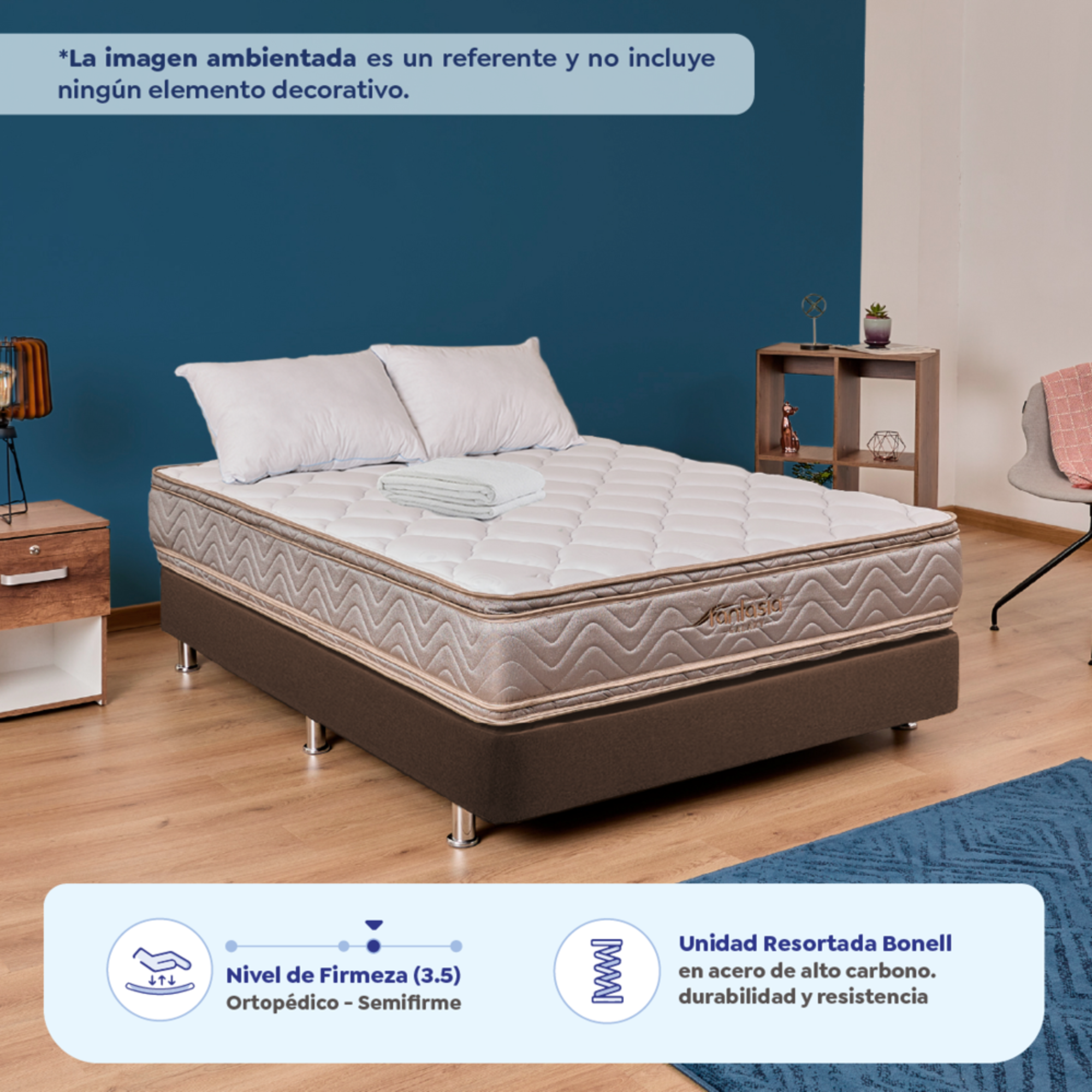 Combo Colchón Fantasia Galaxy 140X190Cm + Base Cama Lino Café + Almohada + Protector Damasco  Marca Fantasía
