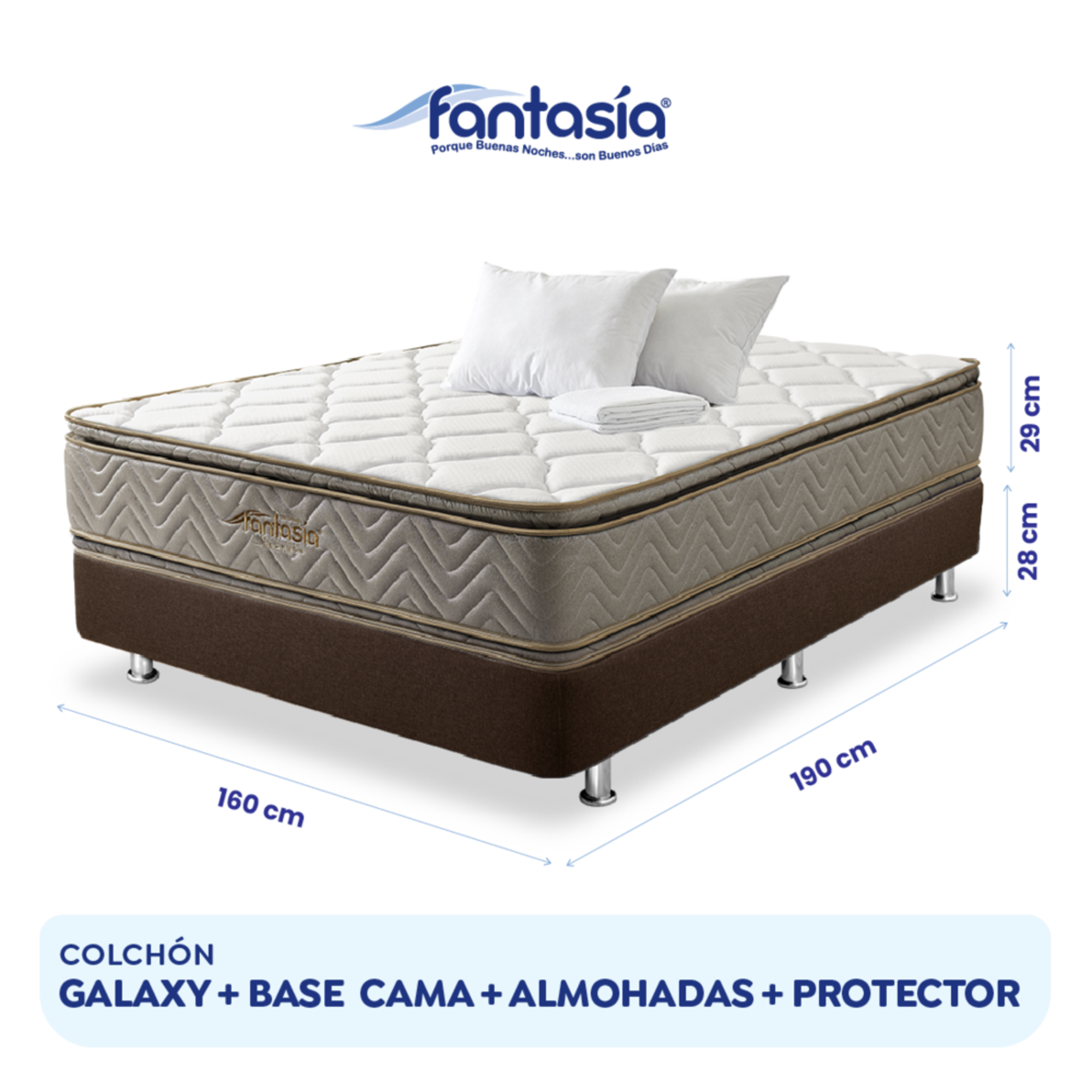 Combo Colchón Fantasia Galaxy 160X190 Cm + Base Cama Lino Café + Almohada + Protector Damasco Marca Fantasía
