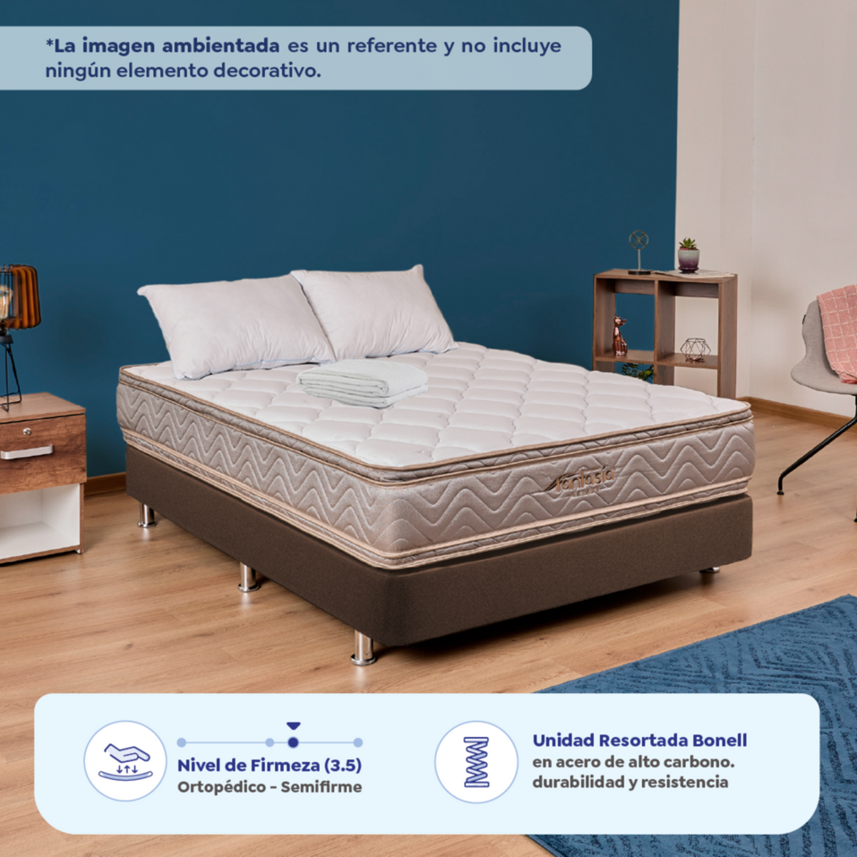 Combo Colchón Fantasia Galaxy 160X190 Cm + Base Cama Lino Café + Almohada + Protector Damasco Marca Fantasía