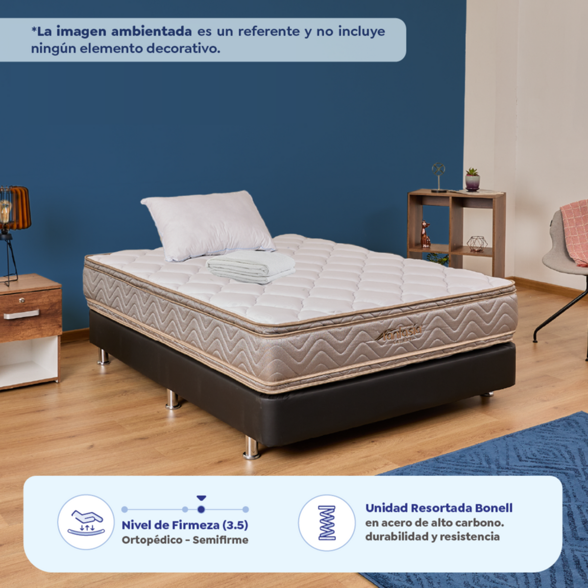 Combo Colchón Fantasia Galaxy de 100X190 Cm + Base Cama Tipo Cuero Negro+ Almohada + Protector Damasco  Marca Fantasía