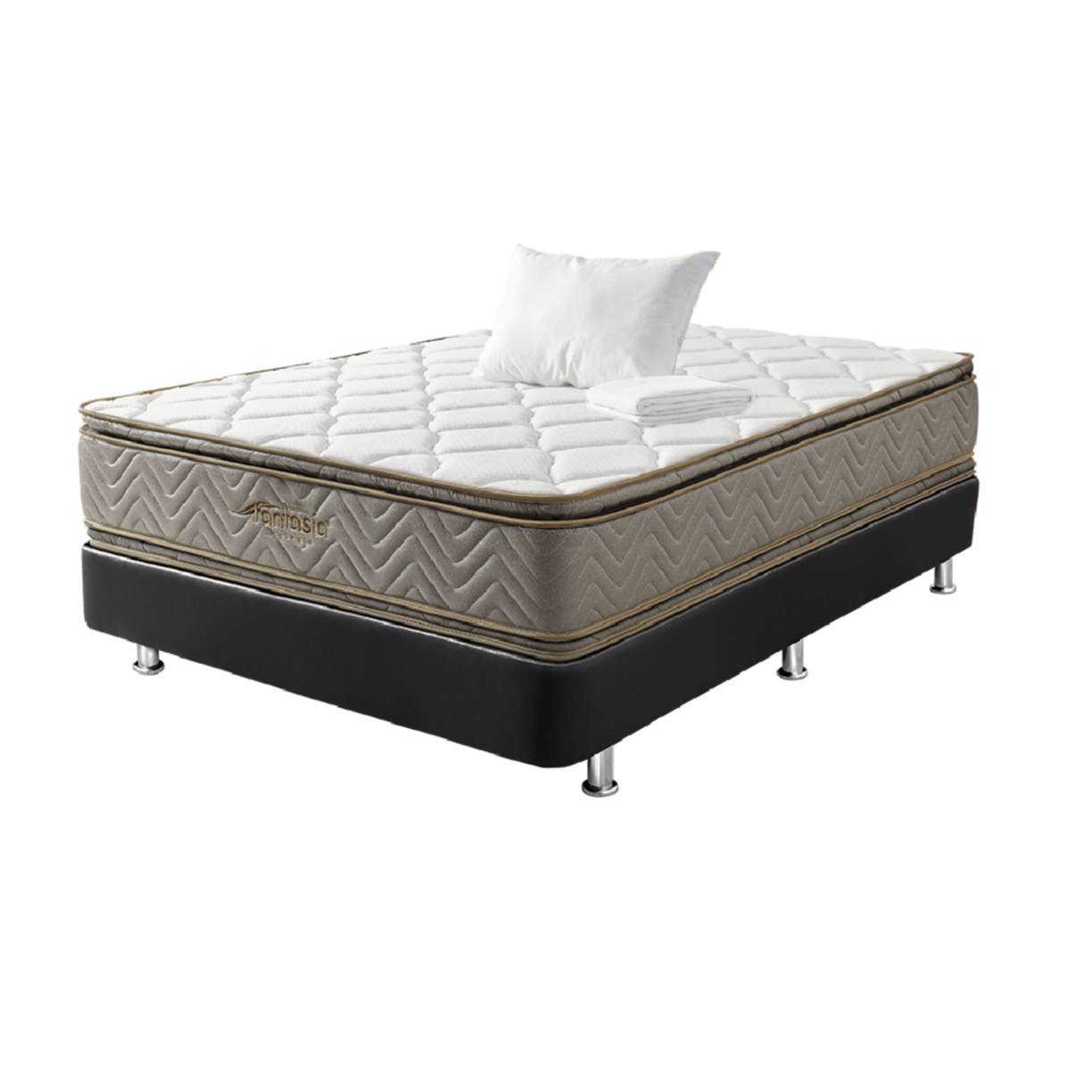 Combo Colchón Fantasia Galaxy 120X190 Cm + Base Cama Tipo Cuero Negro + Almohada + Protector Damasco  Marca Fantasía