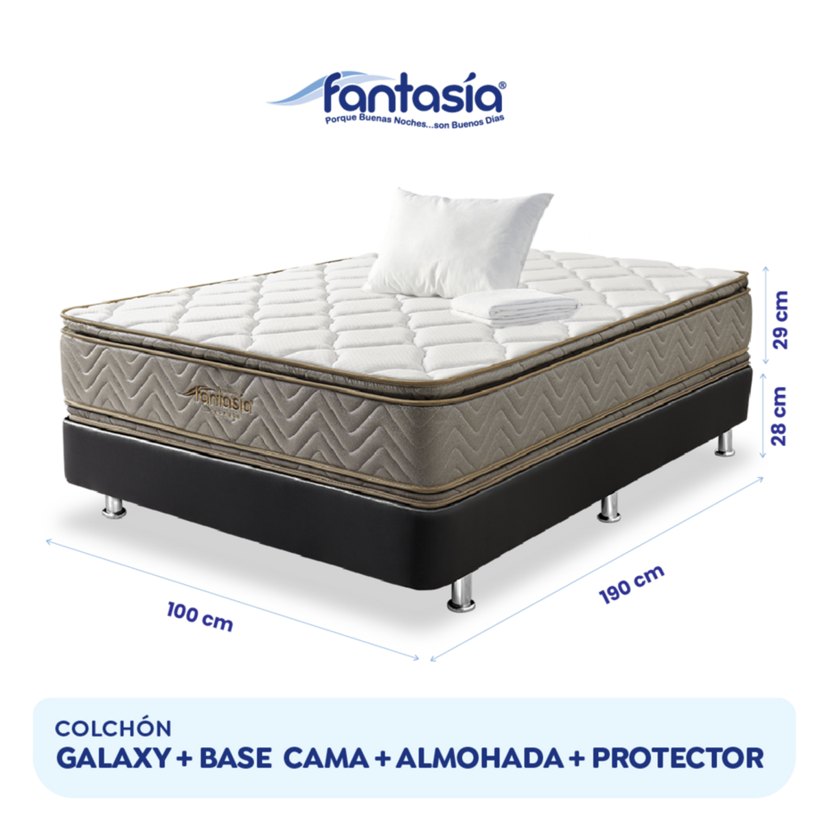 Combo Colchón Fantasia Galaxy 120X190 Cm + Base Cama Tipo Cuero Negro + Almohada + Protector Damasco  Marca Fantasía