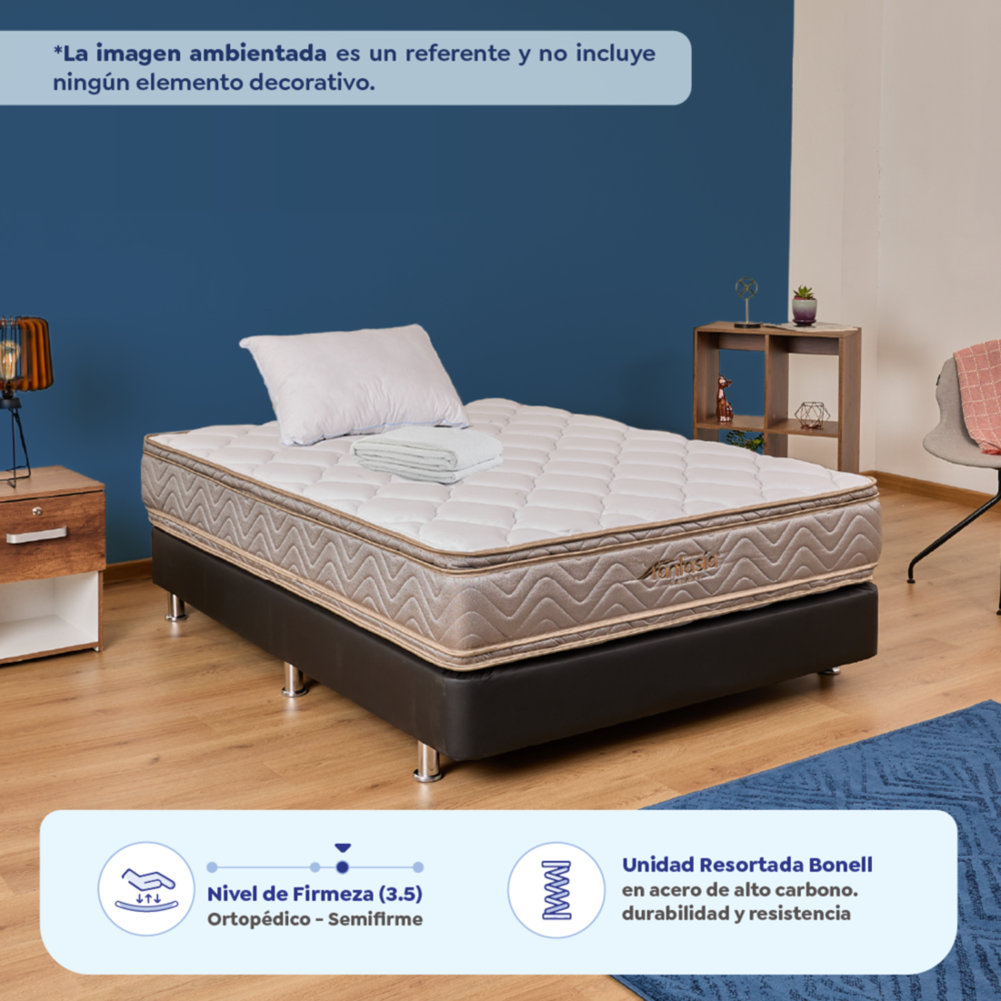 Combo Colchón Fantasia Galaxy 140X190 Cm + Base Cama Tipo Cuero Negro + Almohada + Protector Damasco  Marca Fantasía