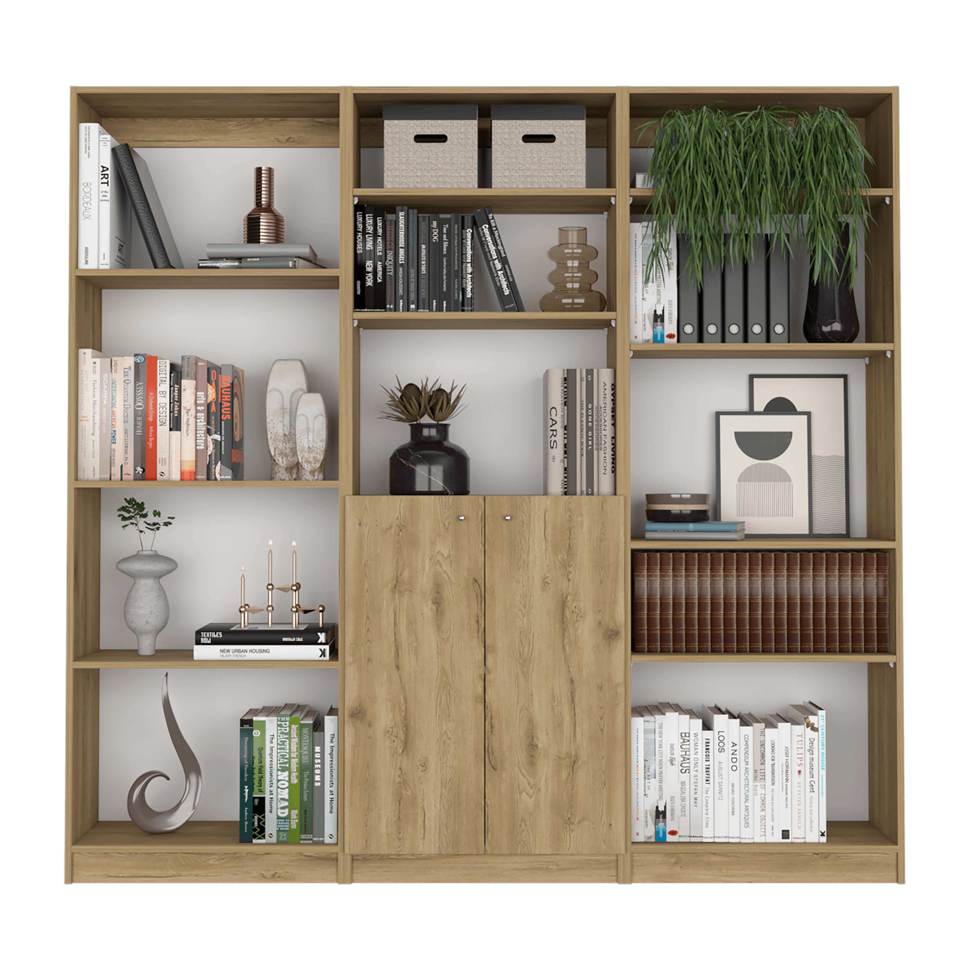 Combo de Bibliotecas Home, Macadamia y Blanca, Incluye Tres Bibliotecas de Cuatro y Cinco Entrepaños Sin Puertas. - VIRTUAL MUEBLES