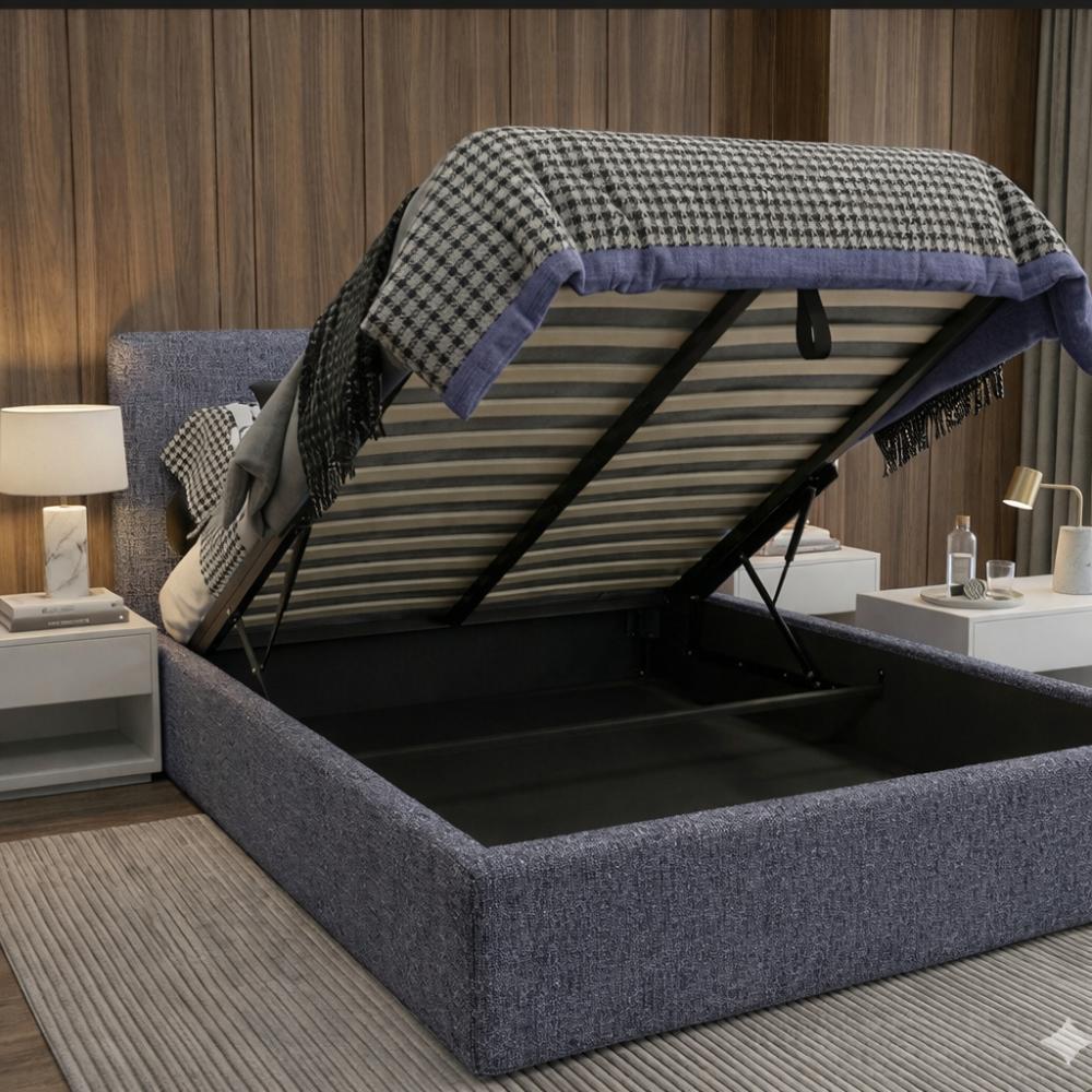 Cama Mecy Lift 120, Gris Oscuro, Tapizada, con Almacenamiento Hidráulico