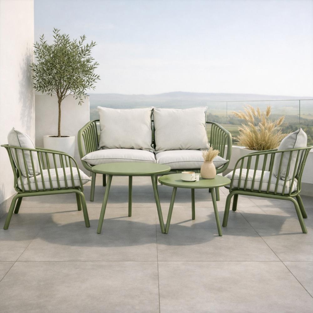 Sala de Exterior Sorrento, Verde Olivo, Con Cojines Beige, 4 Piezas
