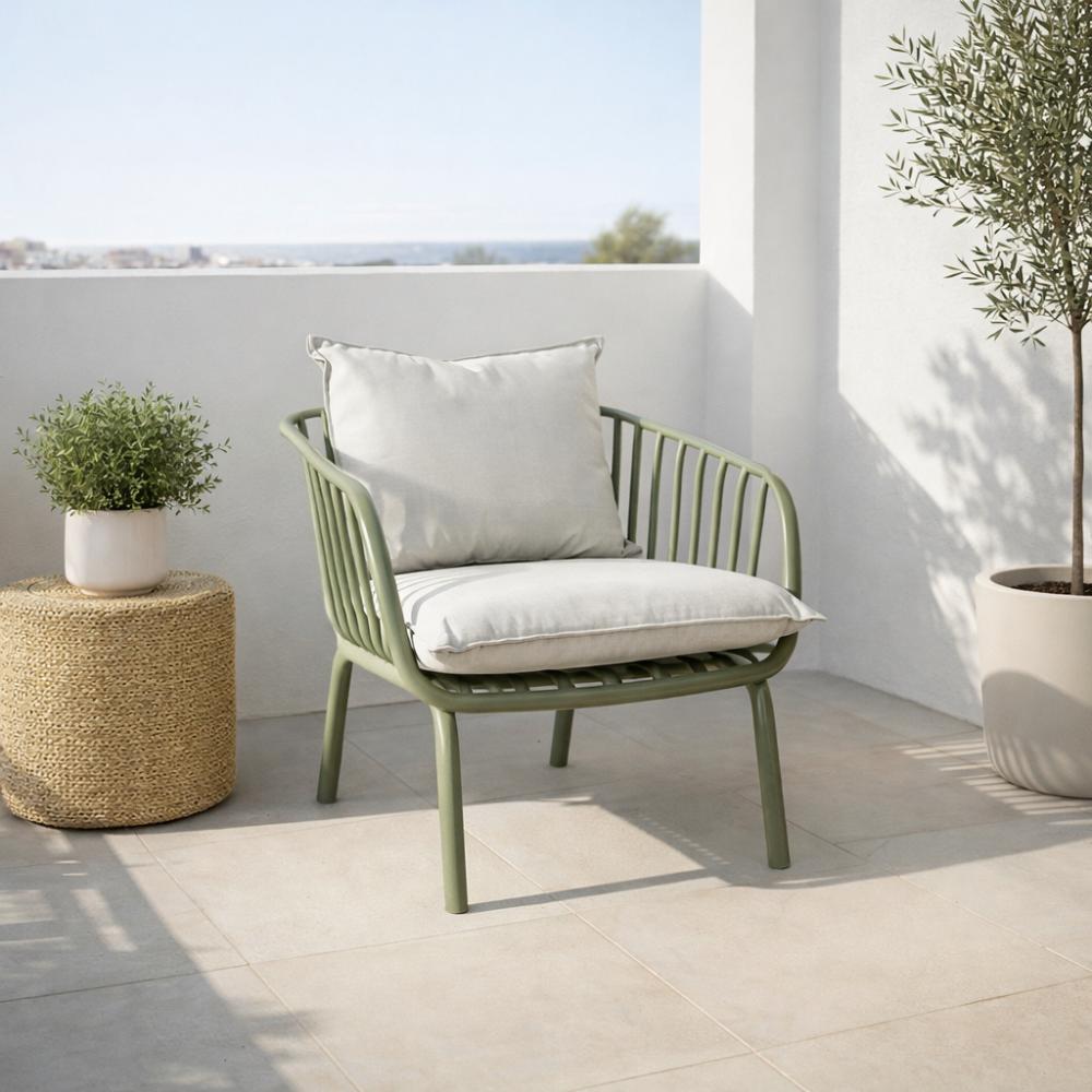 Sala de Exterior Sorrento, Verde Olivo, Con Cojines Beige, 4 Piezas
