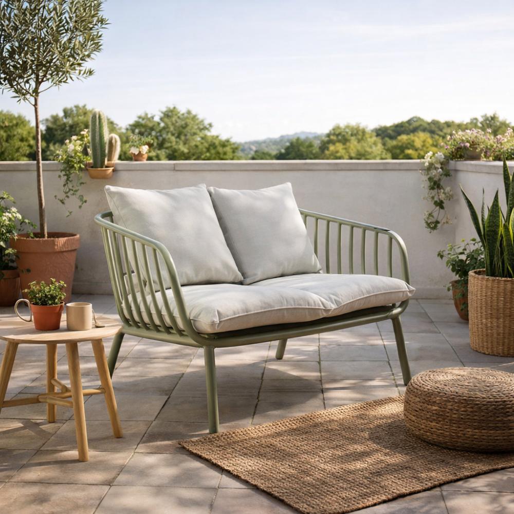 Sala de Exterior Sorrento, Verde Olivo, Con Cojines Beige, 4 Piezas
