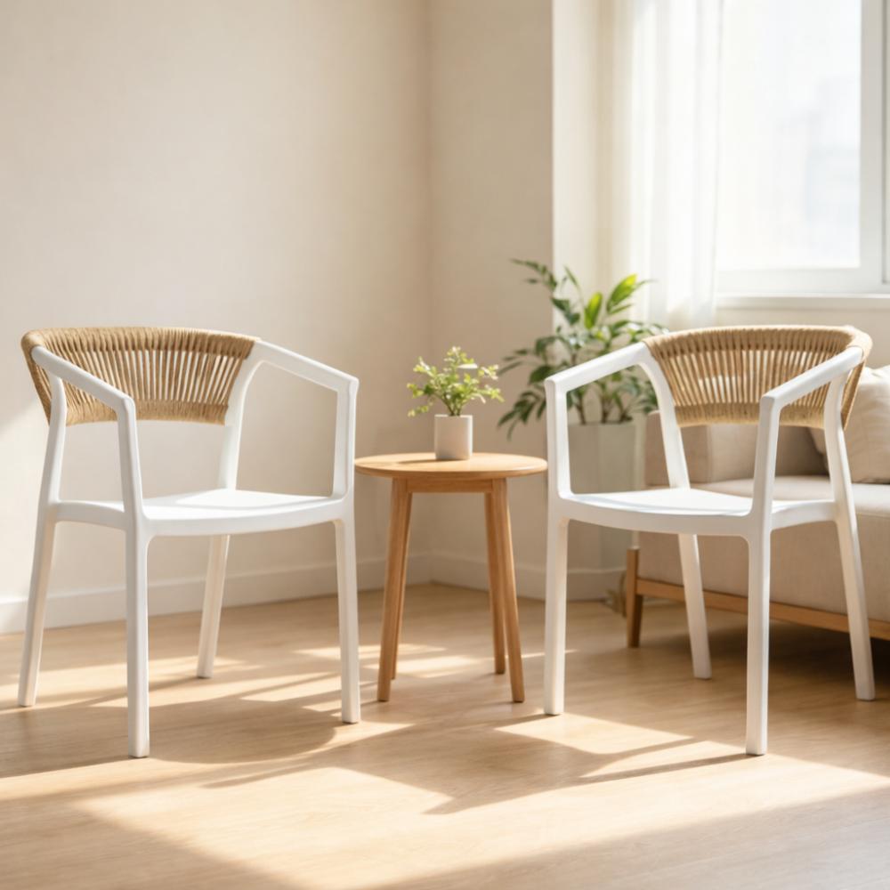 Silla Balí, Blanco, con Espaldar en Cuerdas y Diseño Moderno