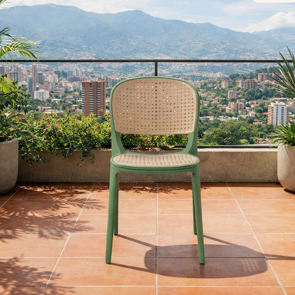 Silla Nest, Verde Olivo y Beige, con Espaldar y Asiento en Rejilla