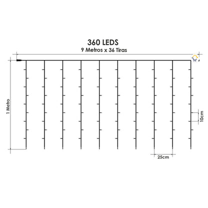 Cortina Luz LED 9x1M 360L Destellos Extensión Navidad 1341B